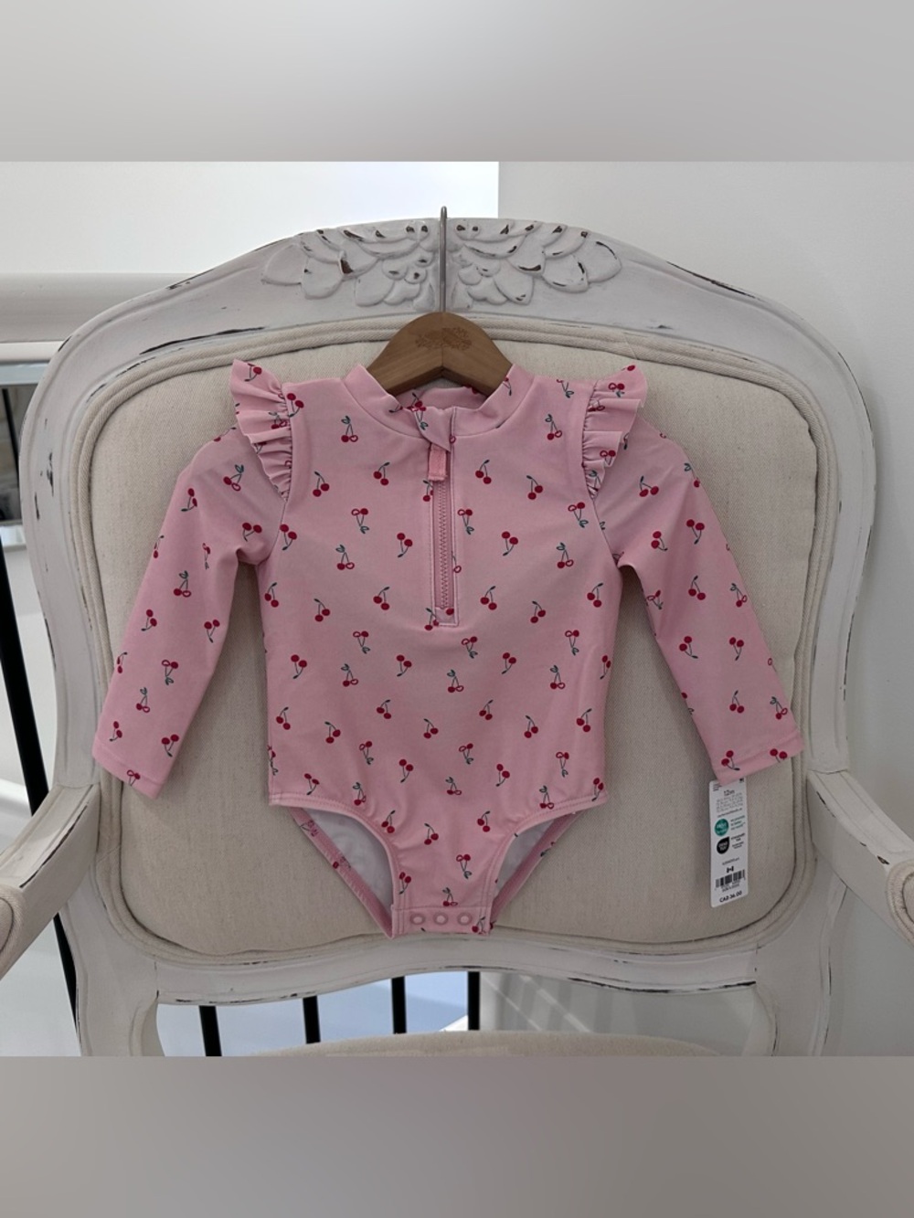 🍒 12 Mth OshKosh B'gosh Pink Cherry Print Ruffle Long-Sleeve One-Piece NWT